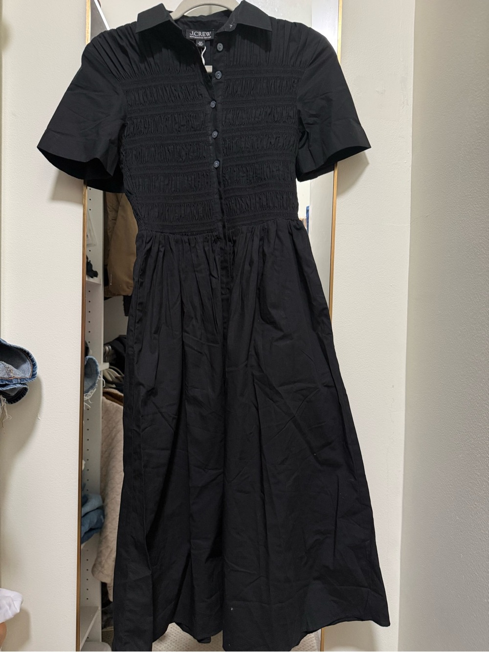 J. Crew Black Shirred Button-Front Maxi Dress